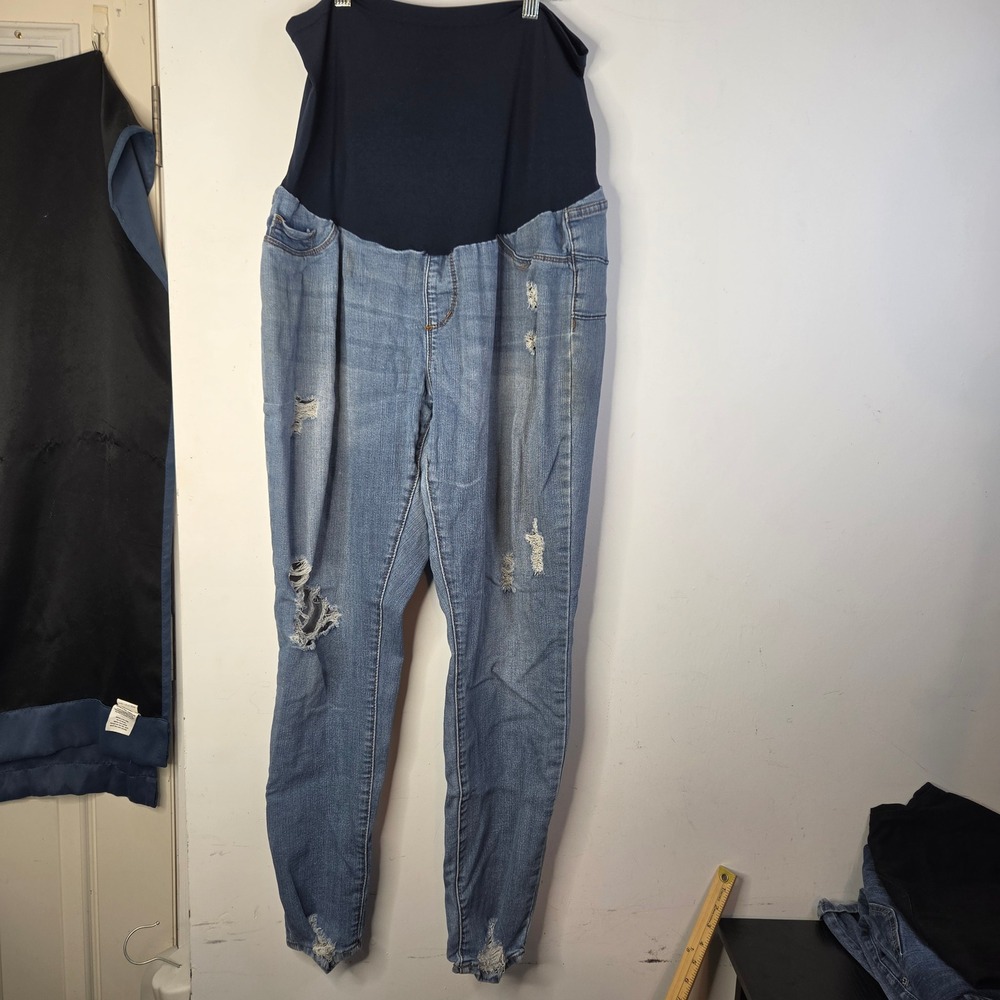 Maternity Distressed Skinny Jeans Over Belly Panel Medium Wash XL